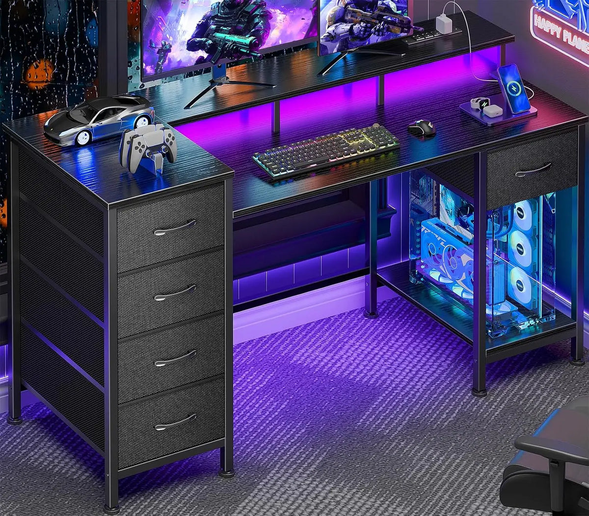 Reversible Gaming Desk With Power Outlets & LED Lights