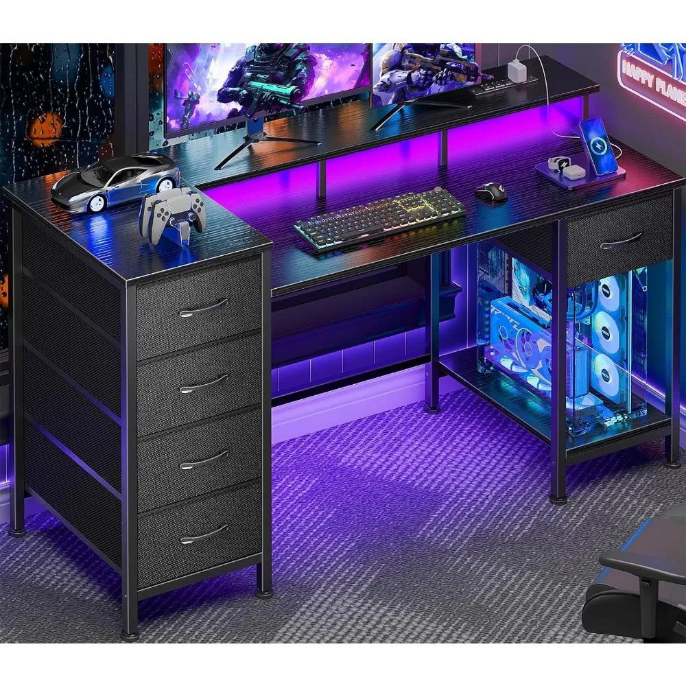 Reversible Gaming Desk With Power Outlets & LED Lights