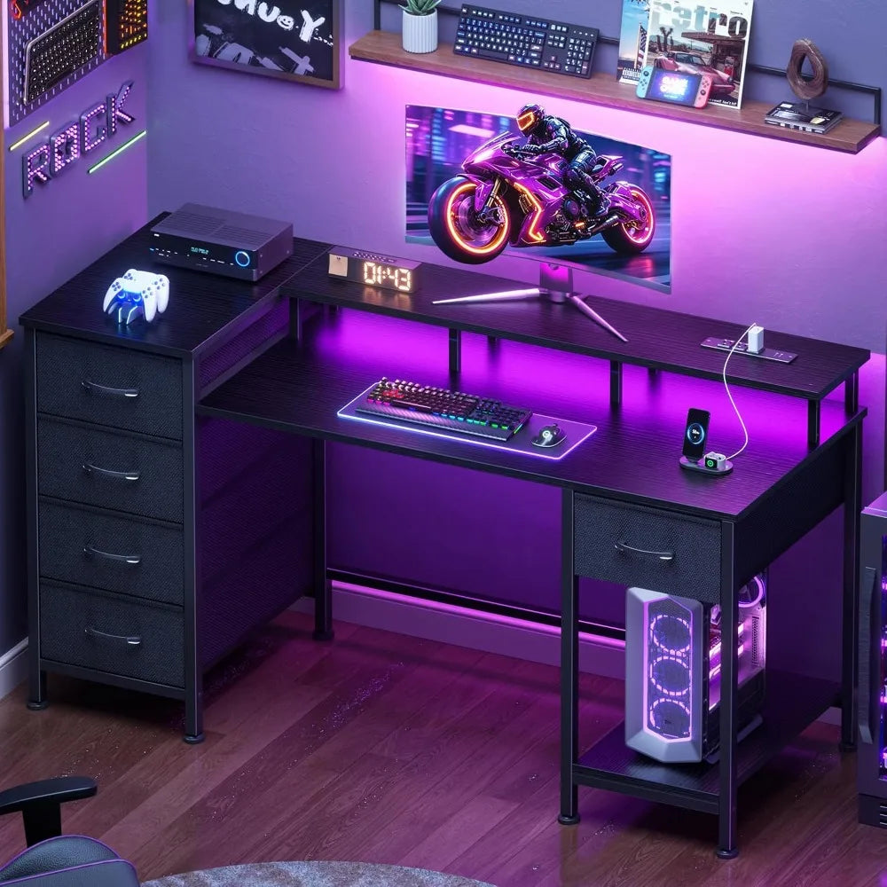 Reversible Gaming Desk With Power Outlets & LED Lights