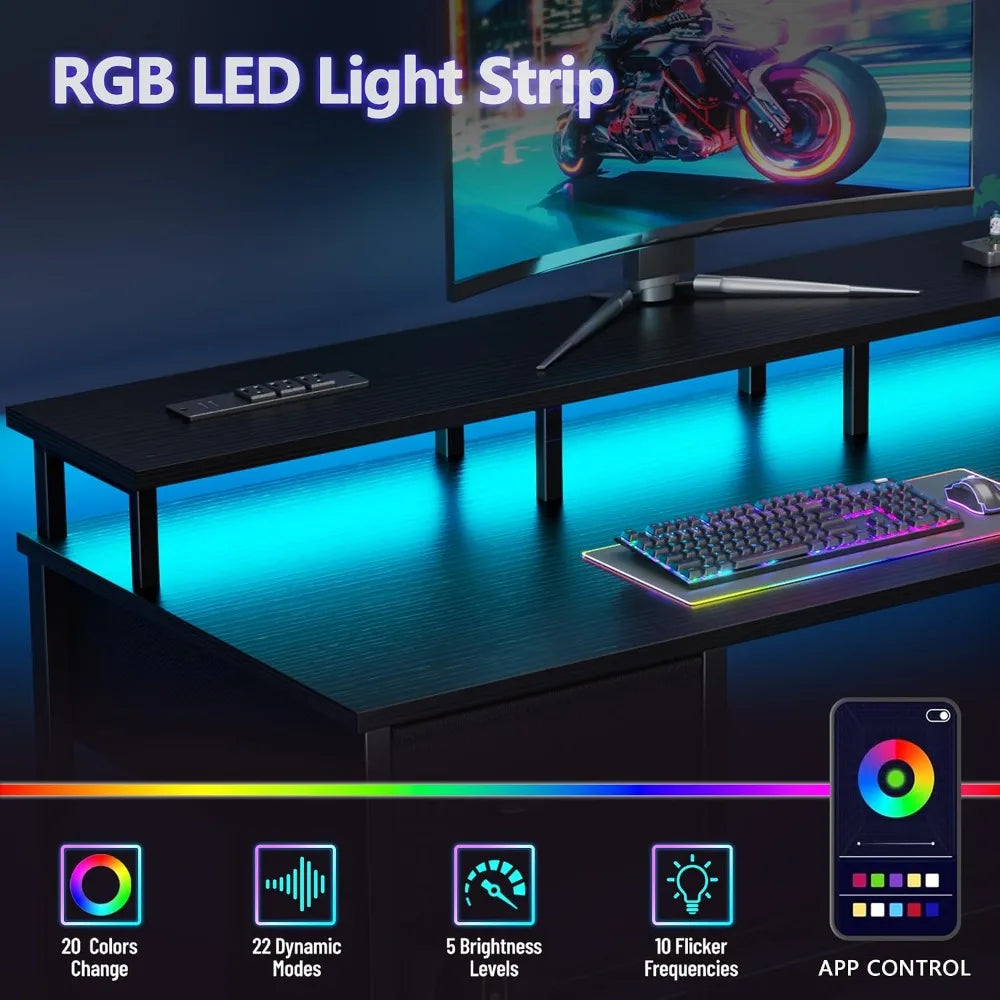 Reversible Gaming Desk With Power Outlets & LED Lights