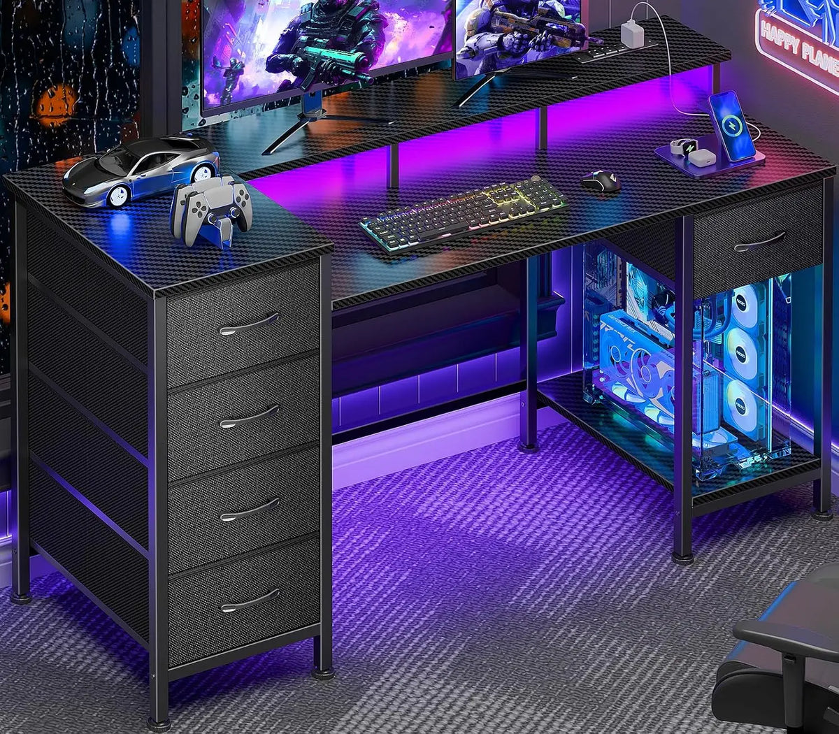 Reversible Gaming Desk With Power Outlets & LED Lights