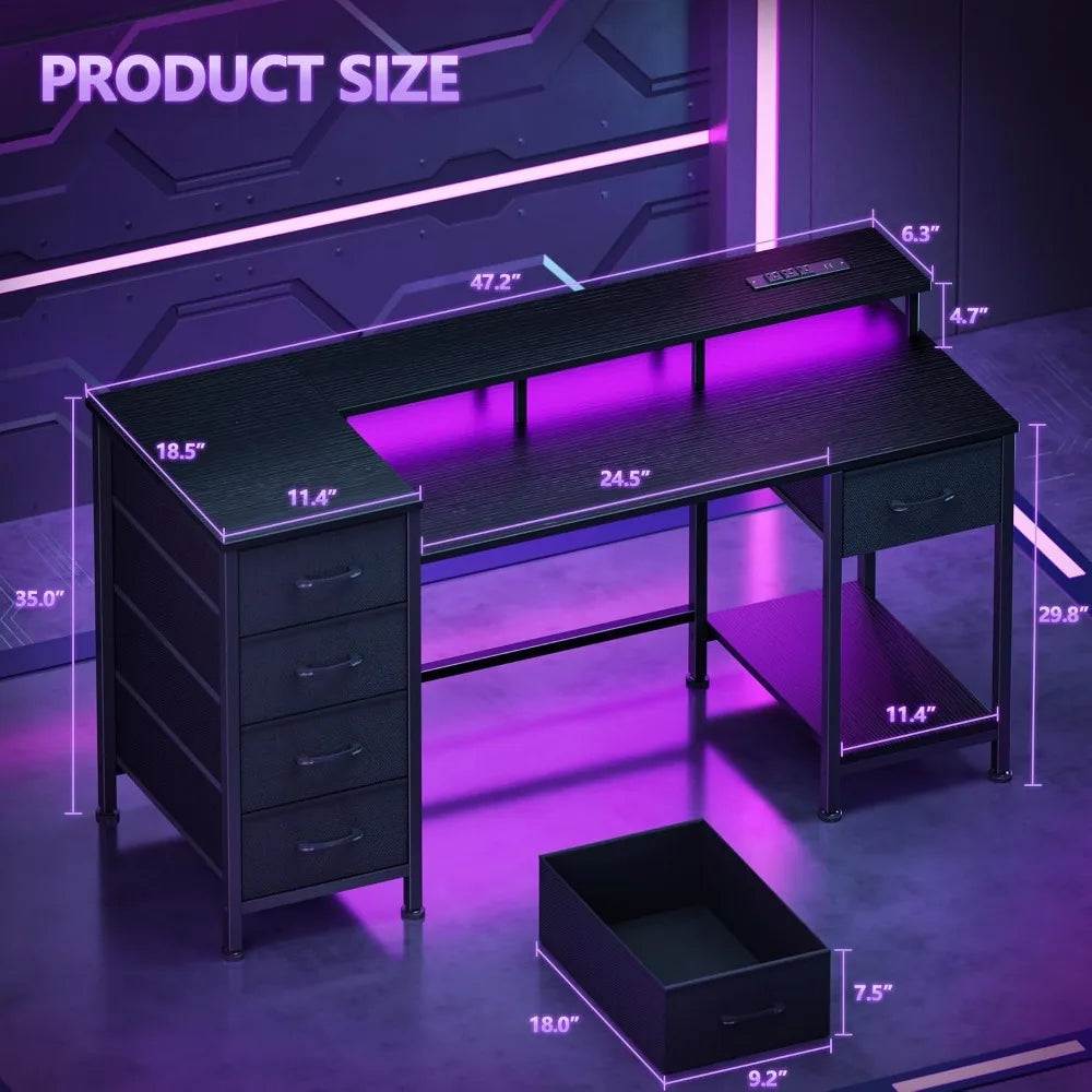 Reversible Gaming Desk With Power Outlets & LED Lights